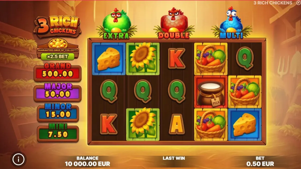 Interface colorida e temática de fazenda do slot 3 Rich Chickens