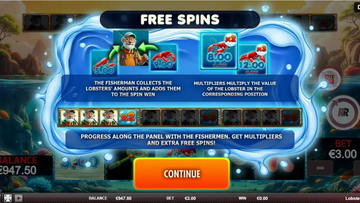 Captura de tela do jogo Lobster Splash, mostrando lagostas, um pescador e símbolos marinhos em uma grade de slot subaquática.
