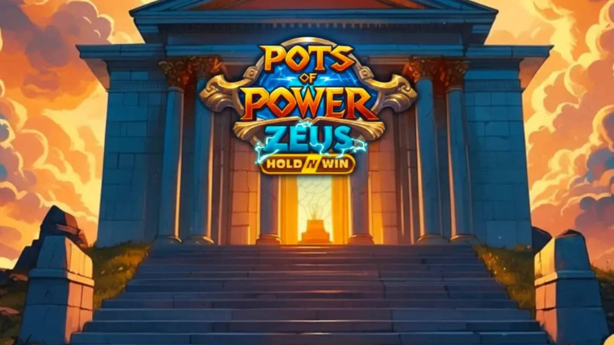 Cena épica do jogo Pots of Power: Zeus com o deus do trovão ao fundo