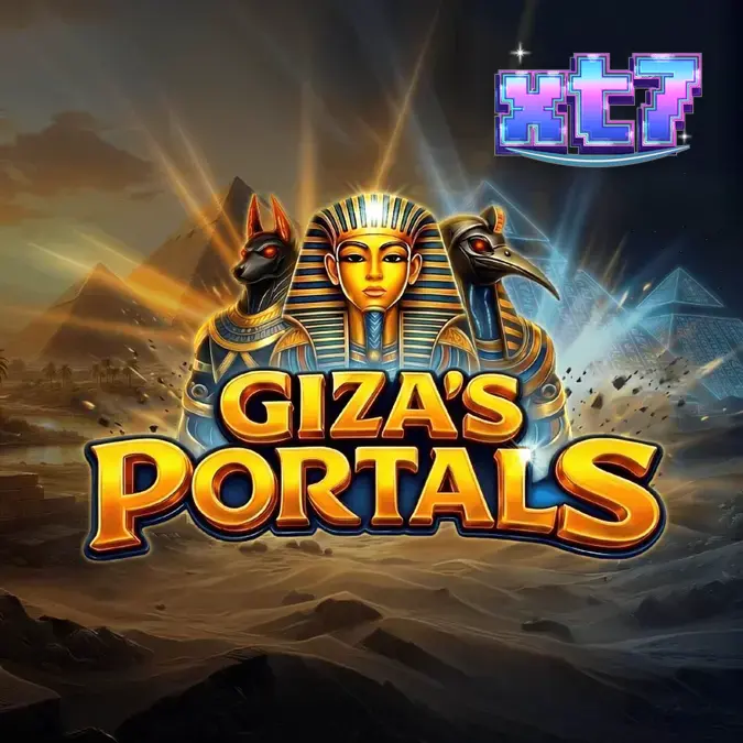 Cena do jogo Giza's Portals com pirâmides ao fundo